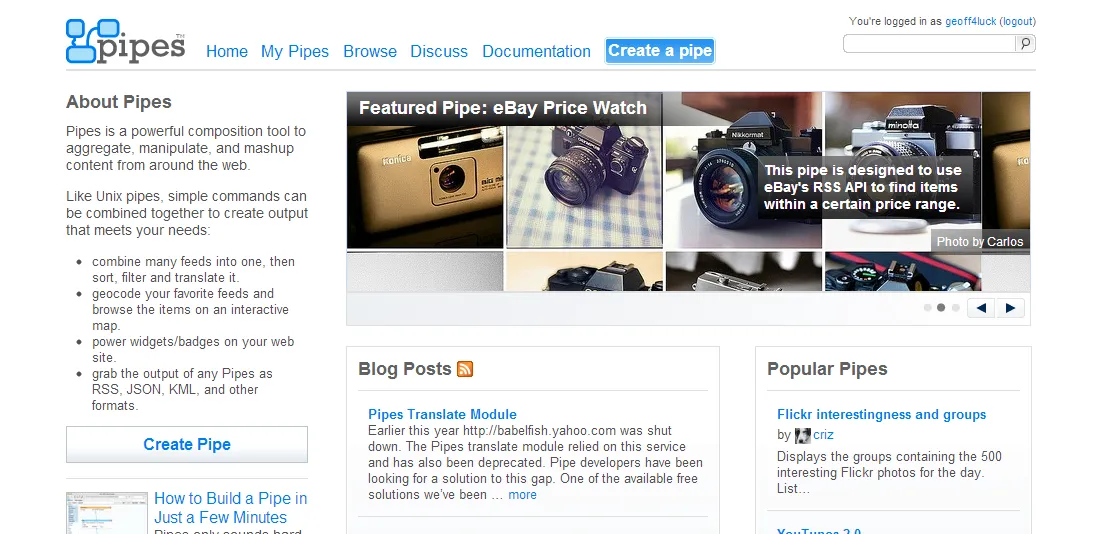 Front page of yahoo pipes