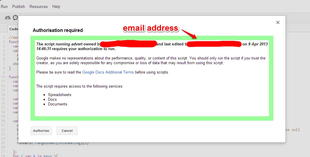 authorization popup google script