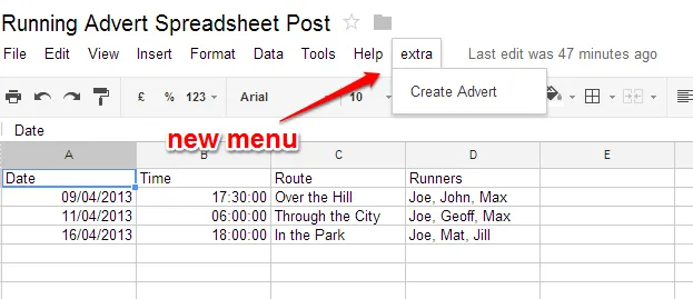 extra menu on google spreadsheet